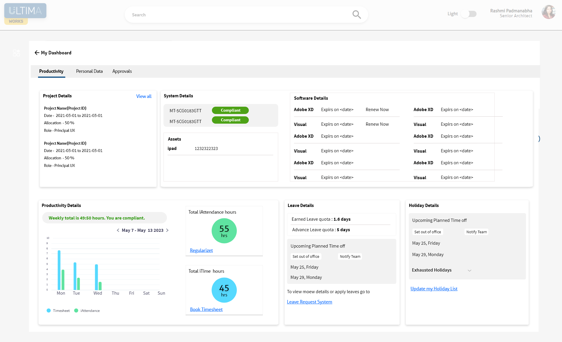 My Dashboard Productivity tab with project details, system details, software licenses, productivity chart, leave and holiday details