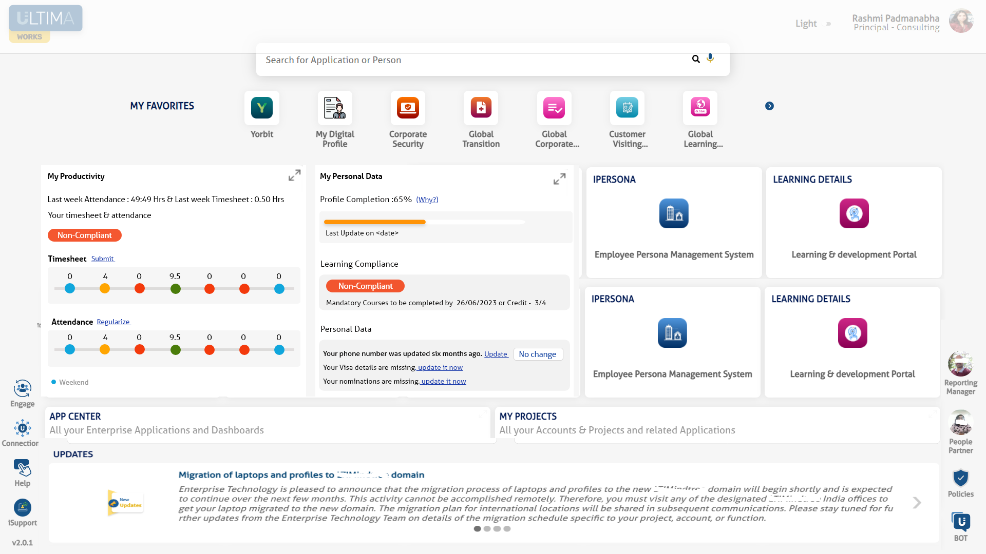 Employee self-service portal home screen with favorites, productivity, and app center