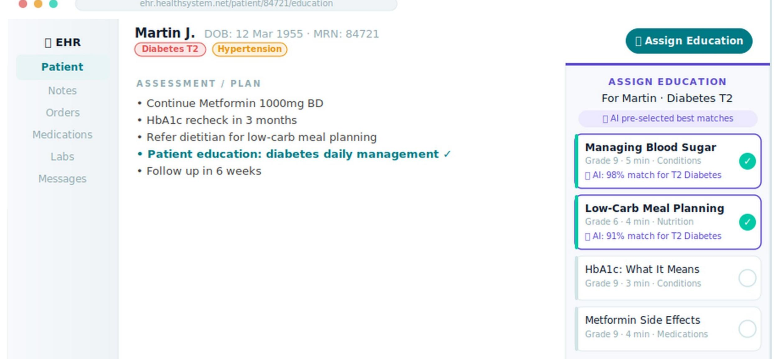 Clinician-facing EHR desktop integration with AI pre-selected condition-matched articles and one-click assign