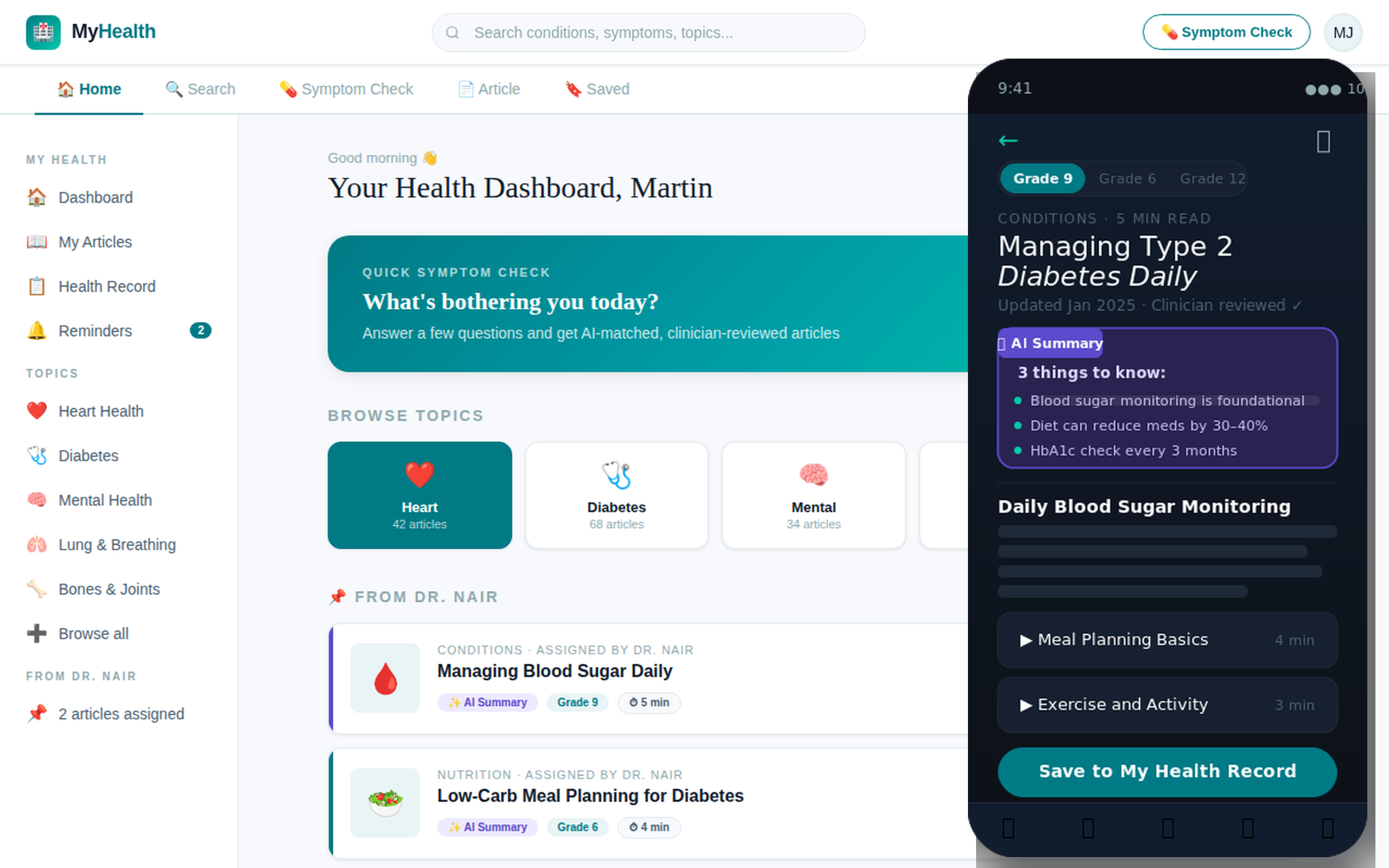 Patient Health Education Platform — web home dashboard with AI symptom check and mobile article view with AI summary