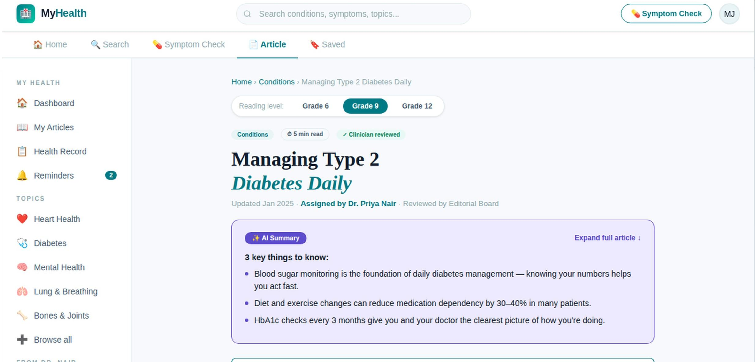 Web article view with reading level toggle, AI summary card, and clinician-reviewed badge