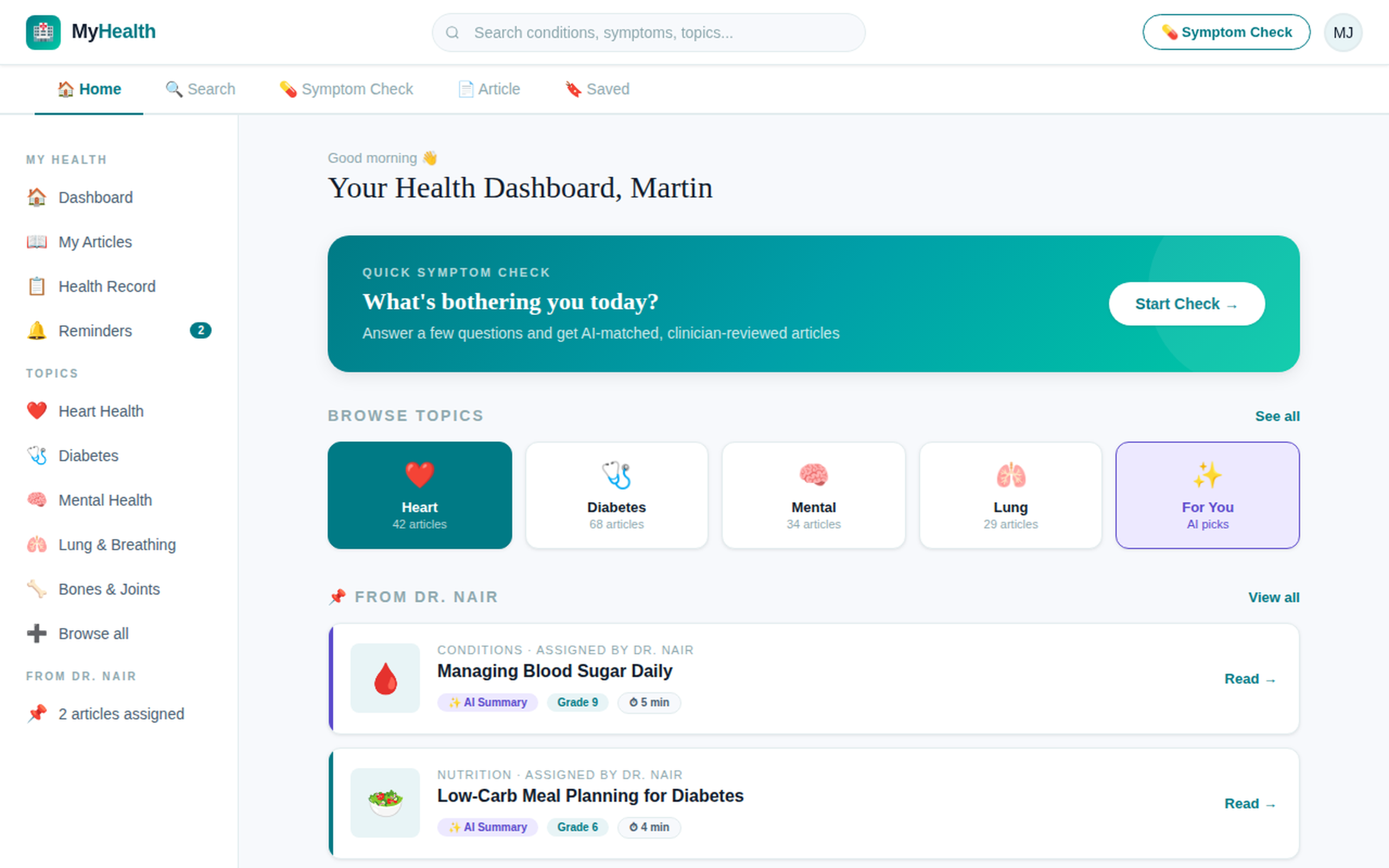 Patient health education platform home dashboard with AI symptom check and topic cards