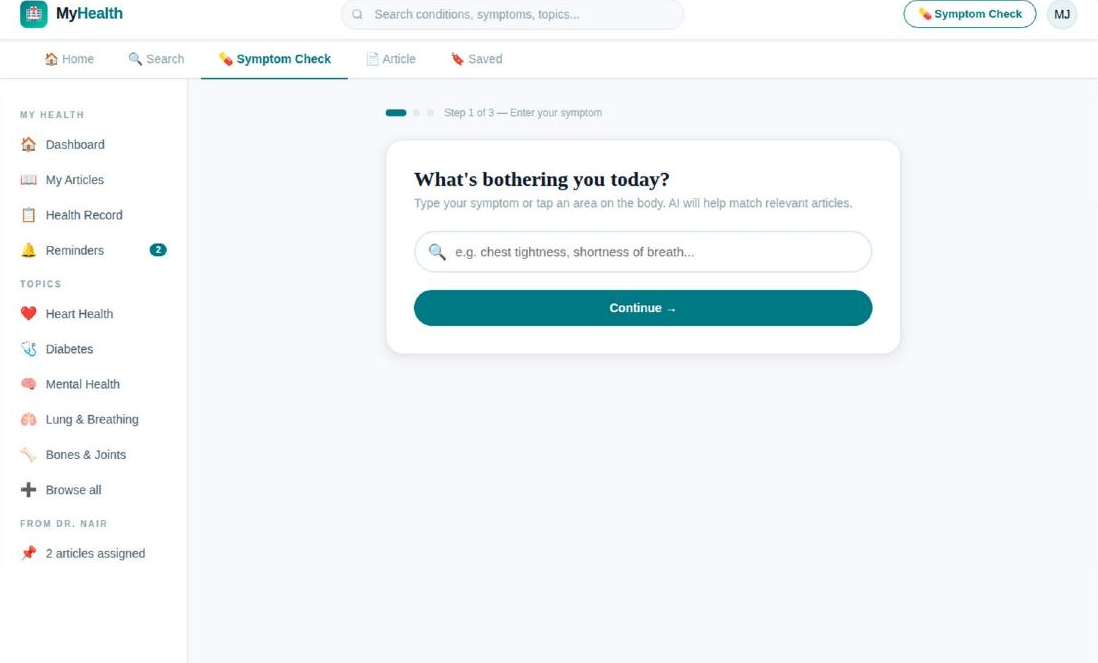 Web symptom checker step 1 of 3, enter symptom with AI autocomplete
