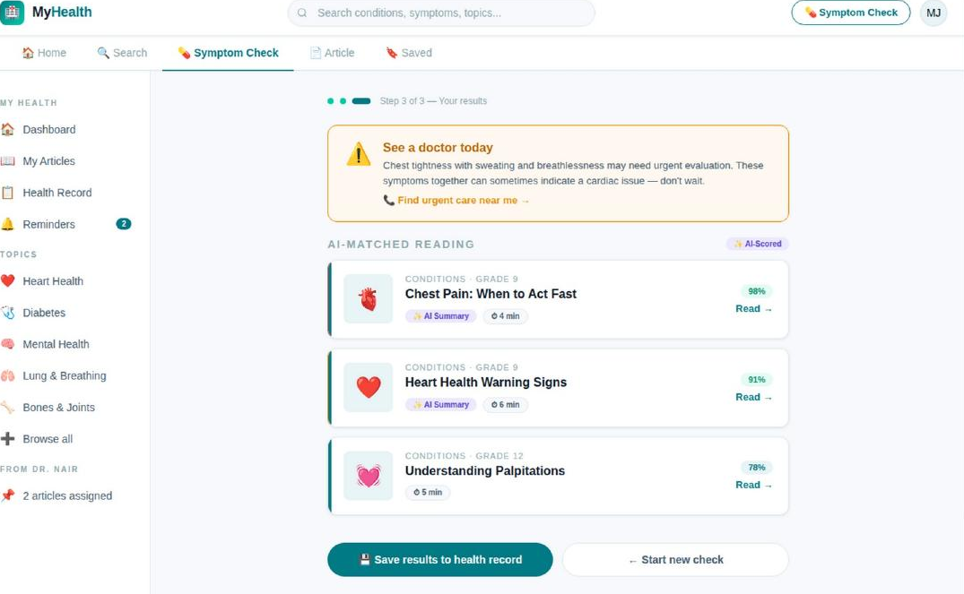 Web symptom checker triage result with urgency card and AI-scored article matches
