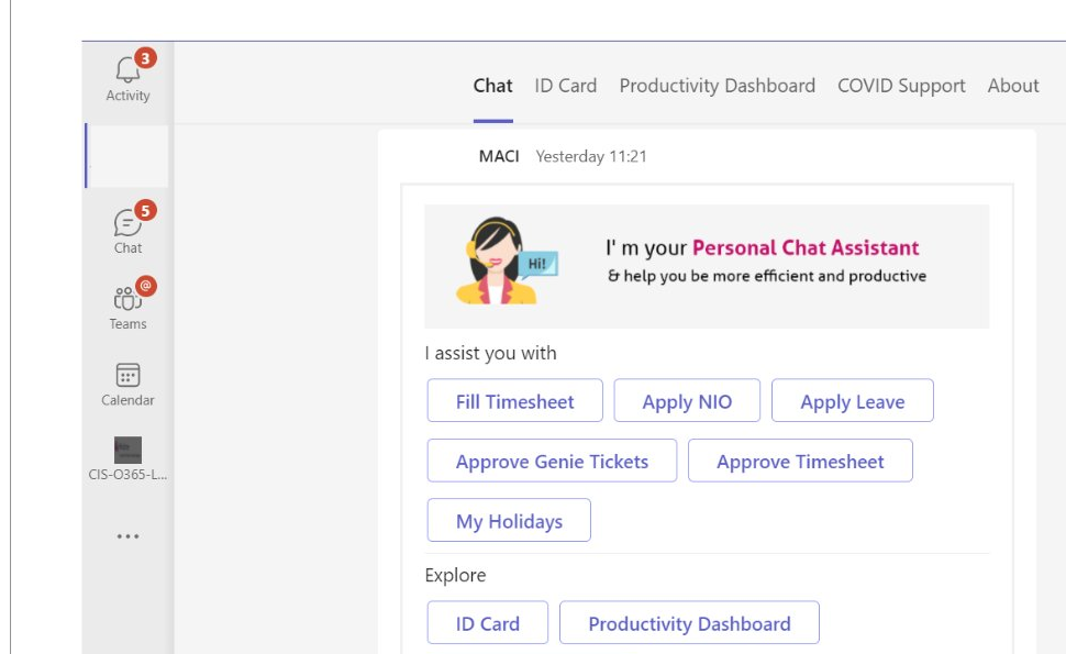 MACI Microsoft Teams chatbot showing quick actions for timesheet, leave, and support