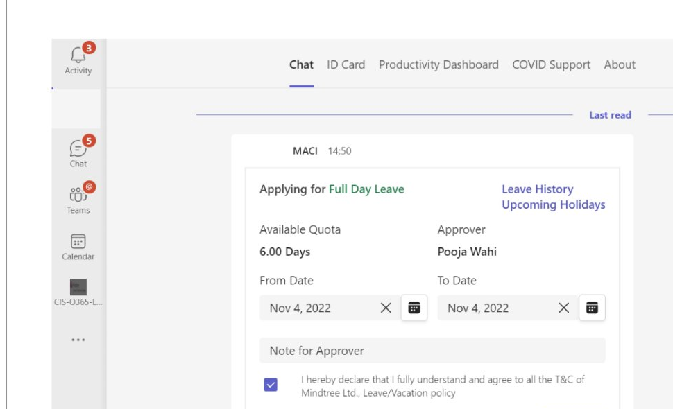 MACI Teams chatbot applying for full day leave with available quota, approver, date pickers, and terms acknowledgment