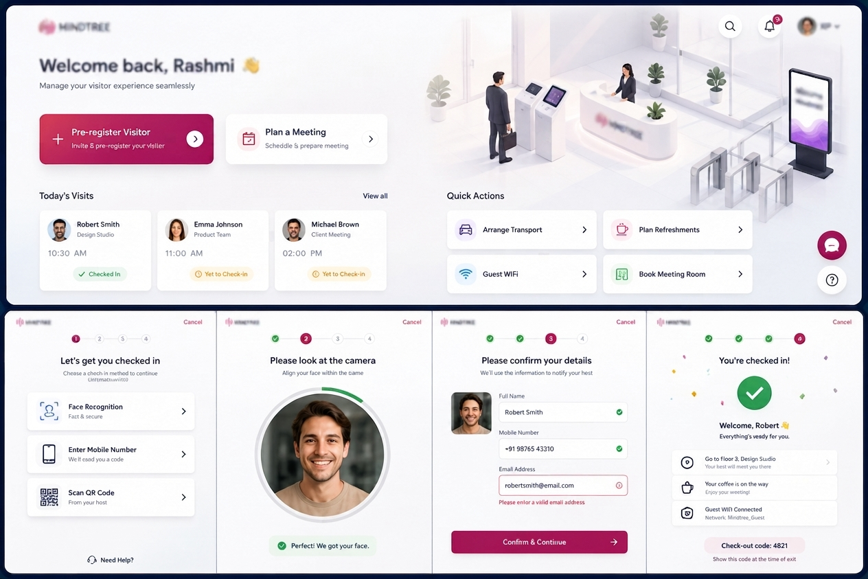 AI-powered visitor check-in host dashboard and kiosk flow