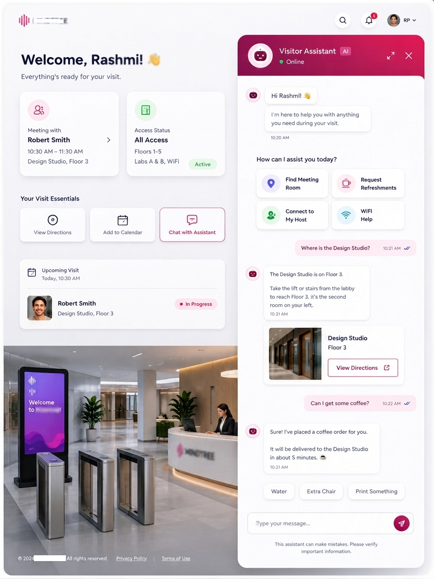 Visitor portal with AI assistant, access status, directions, and hospitality support