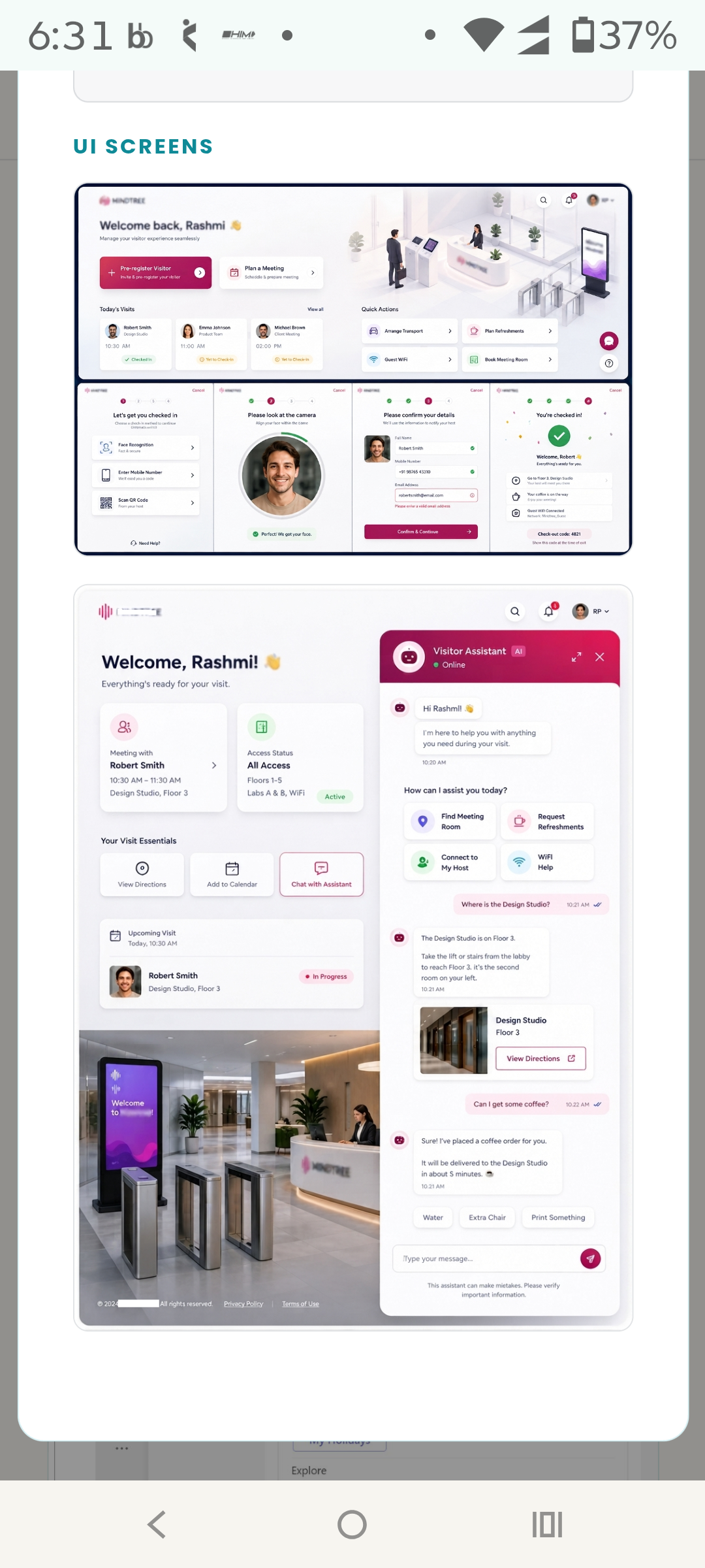 Four-step self check-in flow: choose check-in method, face recognition capture, confirm details, and checked-in confirmation with checkout code